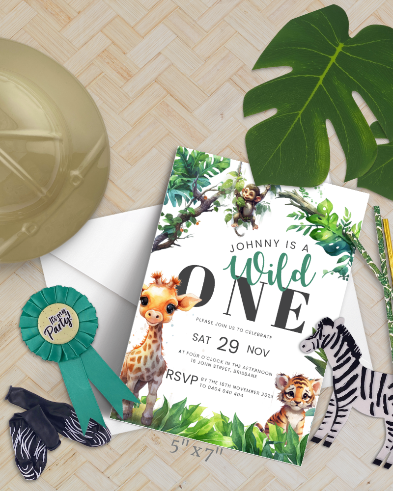 A colorful invitation featuring a giraffe and tiger, surrounded by lush greenery and playful jungle elements.