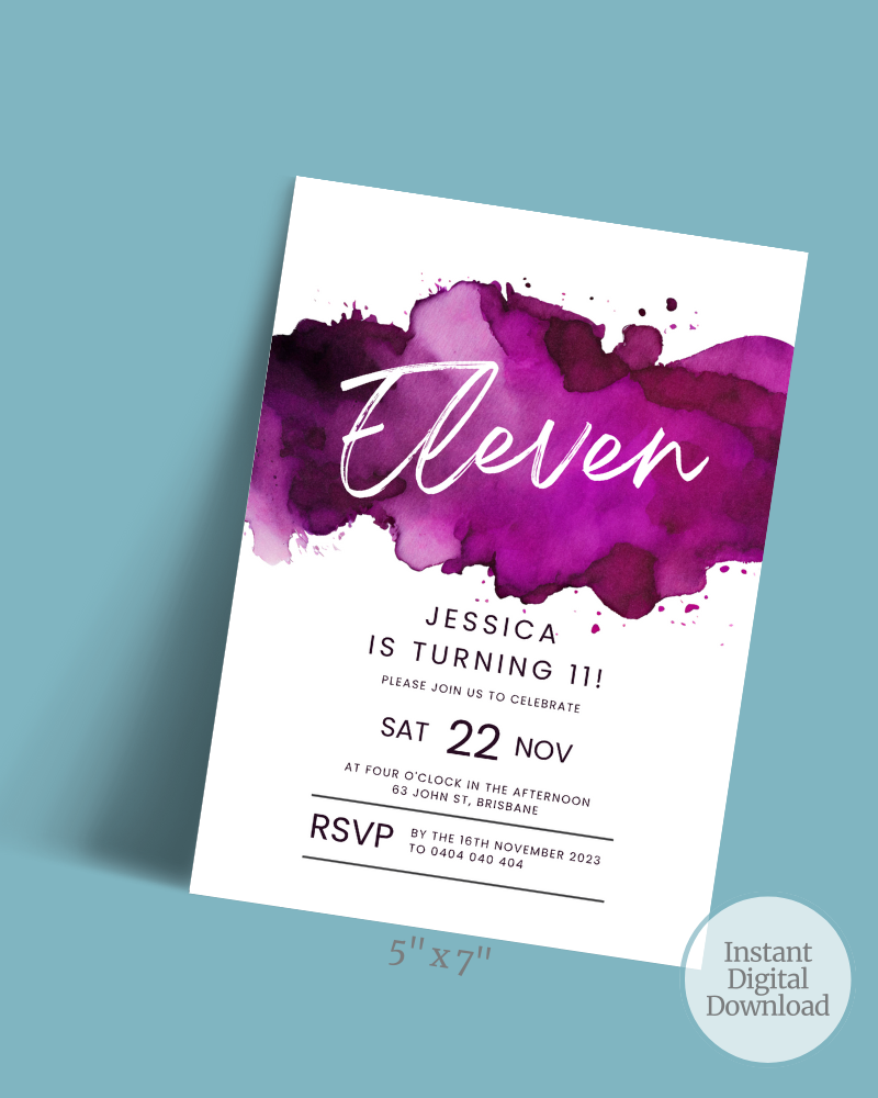 Invitation featuring vibrant purple watercolor splashes with elegant white text for a birthday celebration.