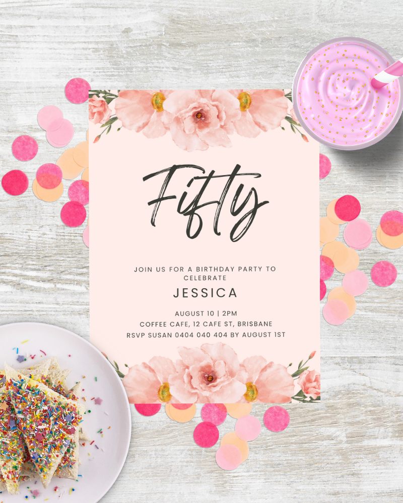 A festive birthday invitation featuring floral accents, colorful confetti, and a delicious slice of cake.