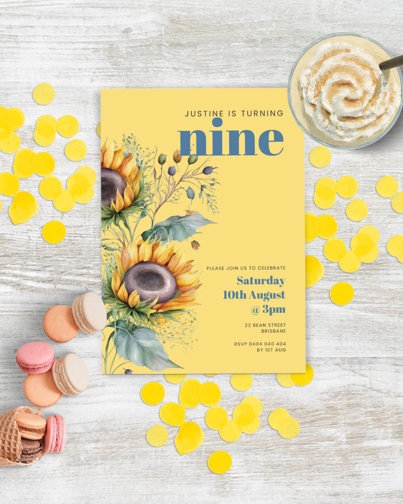 Bright yellow card with sunflowers, confetti, and treats, announcing a birthday celebration for Justine.