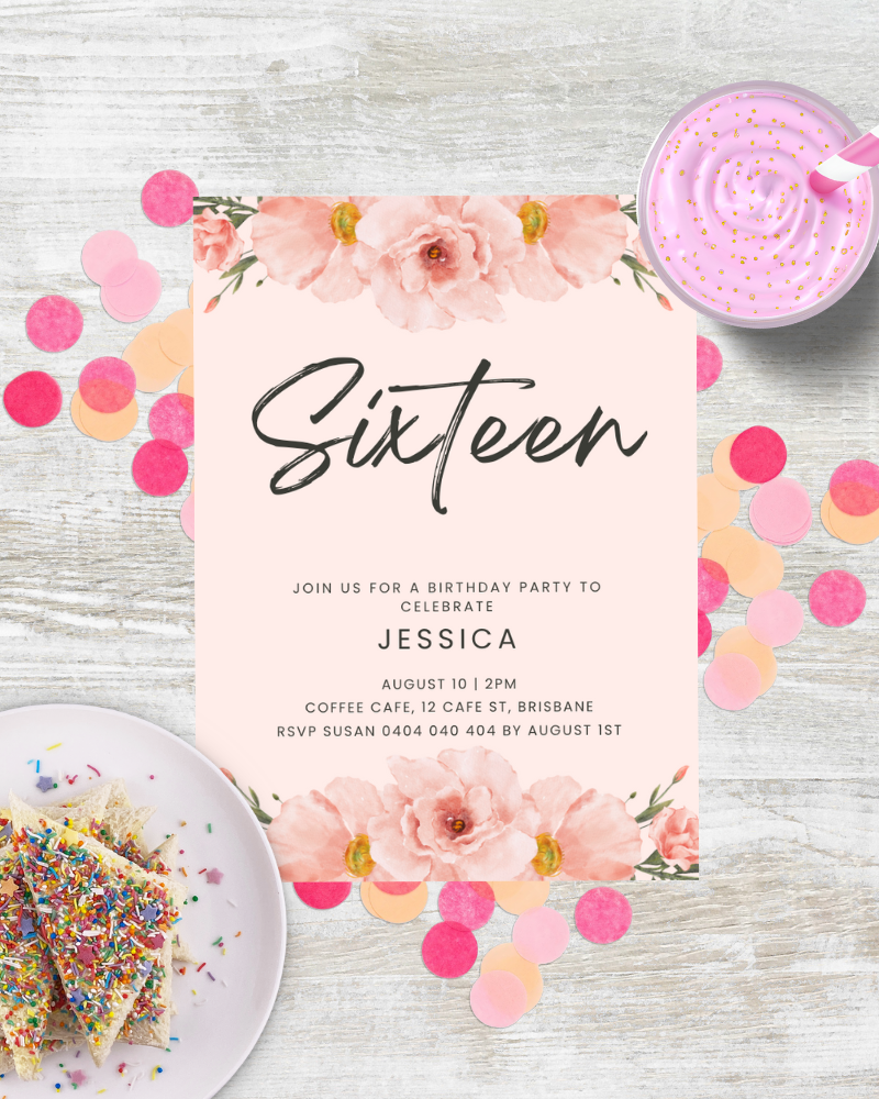 A decorated invitation for a sweet sixteen birthday party, featuring floral accents and colorful confetti.