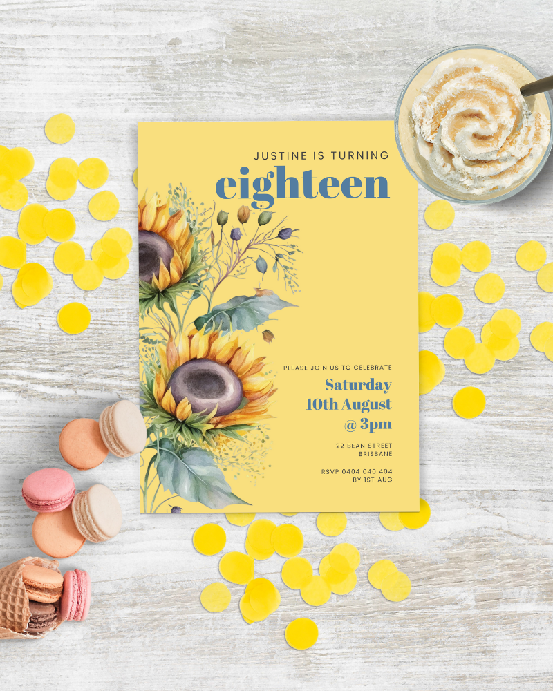 A vibrant birthday invitation featuring sunflowers, yellow confetti, and sweet treats on a rustic wooden surface.