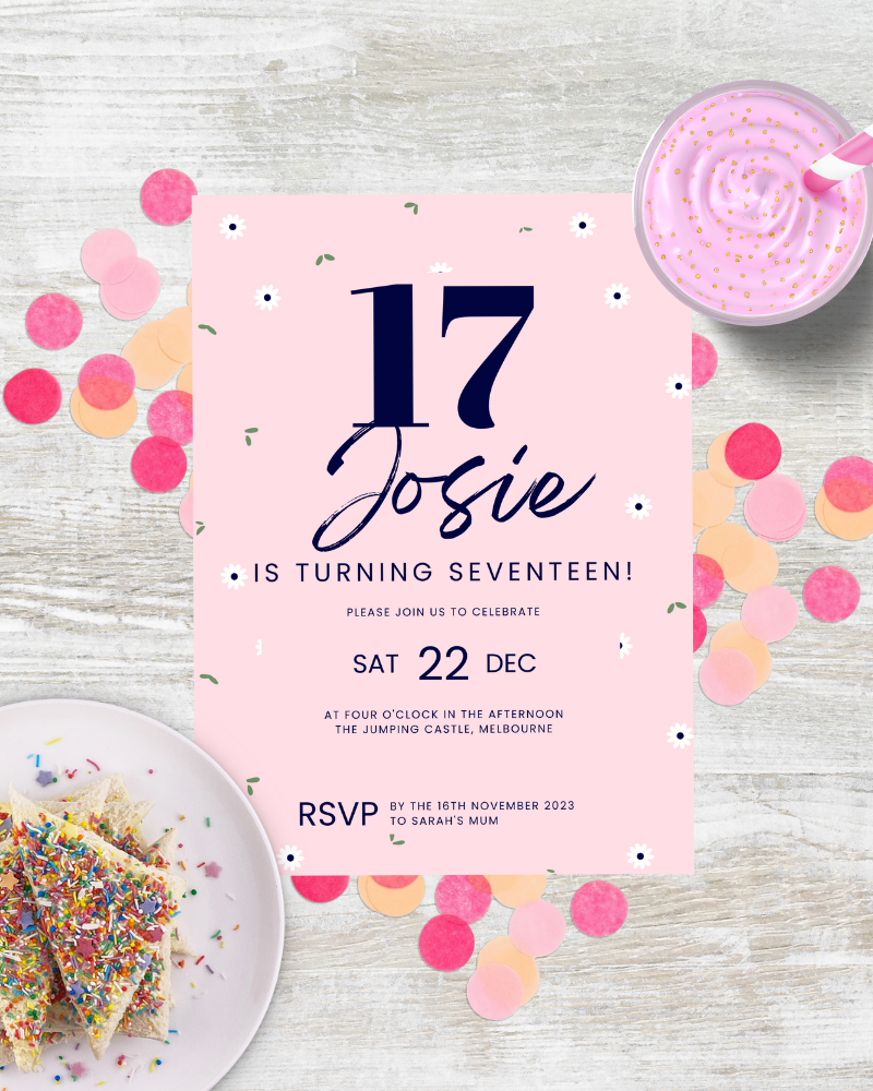 Colorful birthday invitation with confetti, sprinkles, and a pink dessert, celebrating Josie's 17th birthday on December 22.