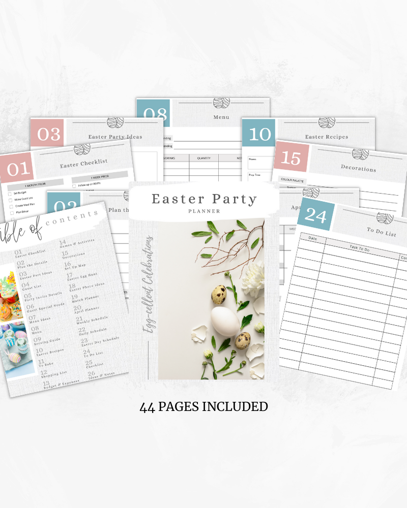 A collection of planner pages featuring Easter themes, eggs, and floral elements on a light background.