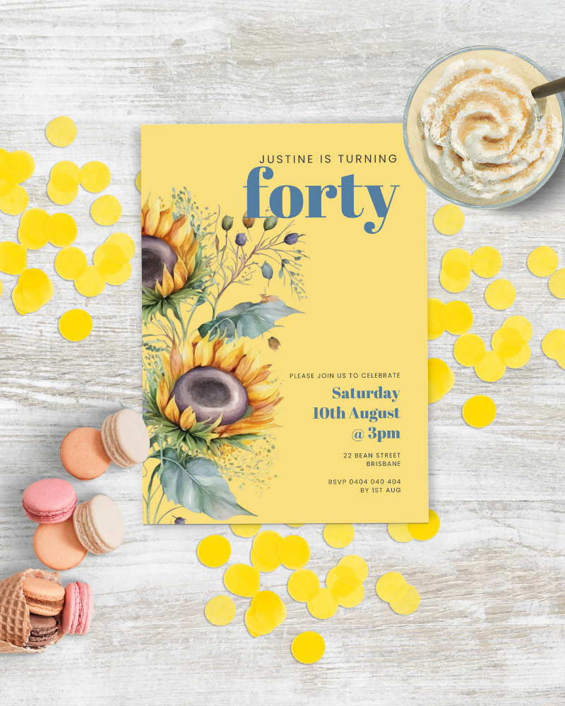 A festive invitation with sunflowers, yellow confetti, and macarons, celebrating Justine's 40th birthday.