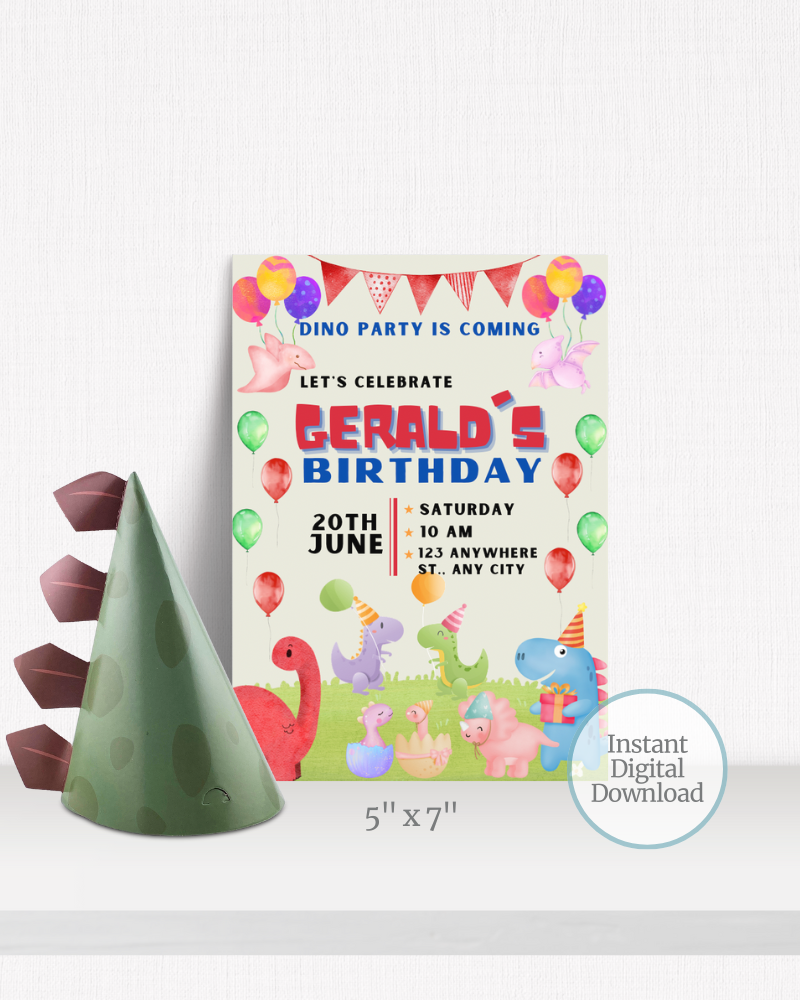Colorful birthday invitation featuring dinosaurs, balloons, and festive text for a celebration on June 20th.
