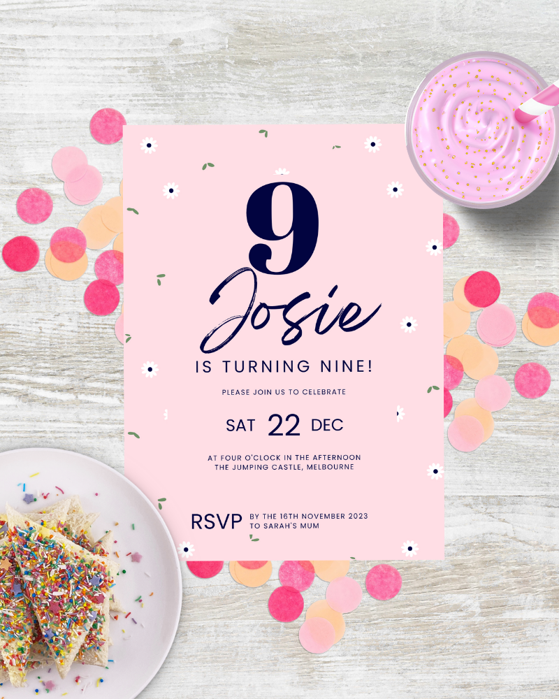 Birthday invitation featuring pink background, colorful confetti, and a slice of cake with sprinkles.