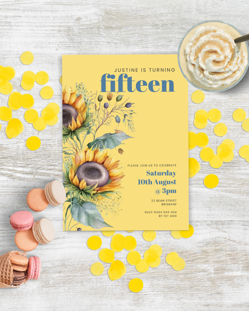 Colorful invitation with sunflowers, confetti, and treats, celebrating a 15th birthday party.