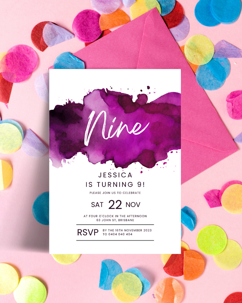 Colorful confetti surrounds a vibrant purple invitation for Jessica's 9th birthday celebration on November 22.