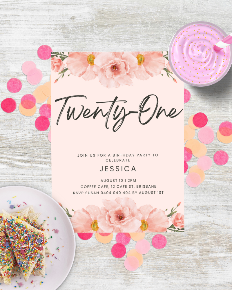 A pastel birthday invitation featuring floral accents, colorful confetti, and a slice of cake with sprinkles.