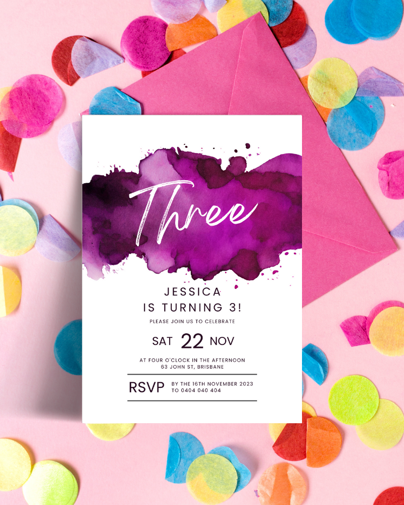 A vibrant invitation on pink background with colorful confetti, announcing Jessica's 3rd birthday celebration.