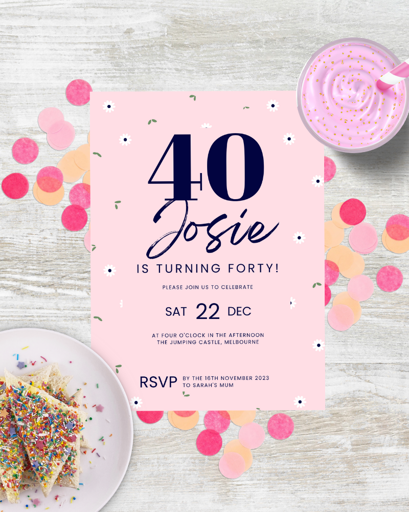 Festive invitation featuring bright colors, sprinkles, and playful confetti for a 40th birthday celebration.