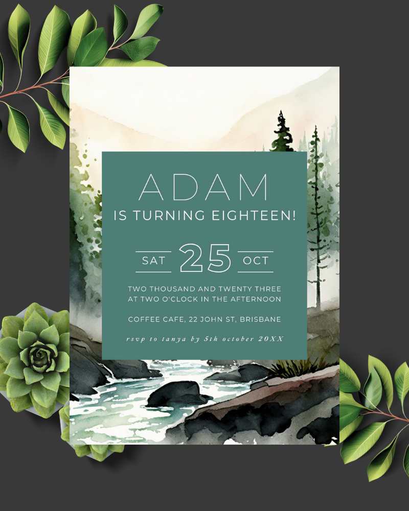 A nature-themed invitation featuring soft watercolor landscapes with greenery and a prominent message celebrating a birthday.
