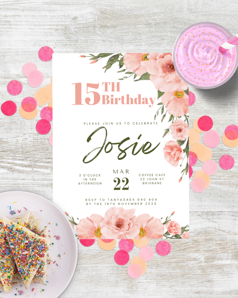 A birthday invitation featuring pink flowers, colorful confetti, and a dessert with sprinkles on a wooden surface.