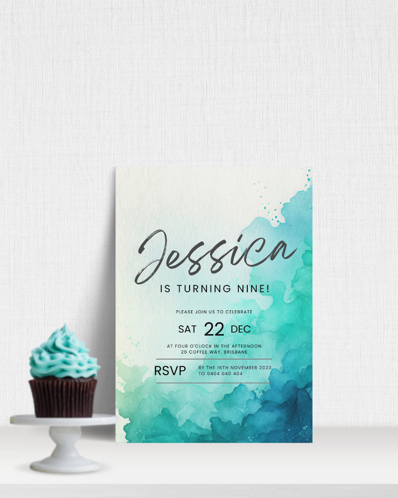 Invitation featuring watercolor splashes in turquoise and blue, celebrating Jessica's ninth birthday with a cupcake.