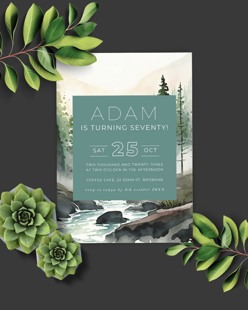 Invitation featuring a serene landscape with greenery, celebrating Adam's 70th birthday on October 25th.