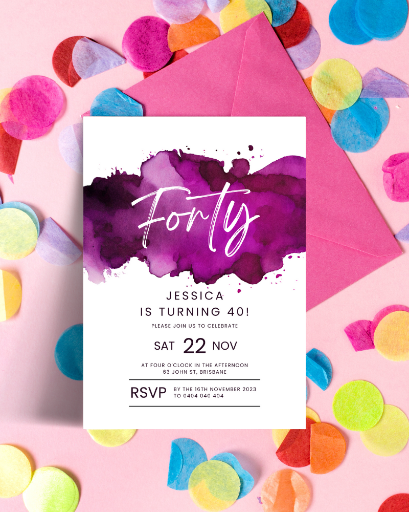 Colorful confetti surrounds a purple and white invitation celebrating Jessica's 40th birthday on November 22.