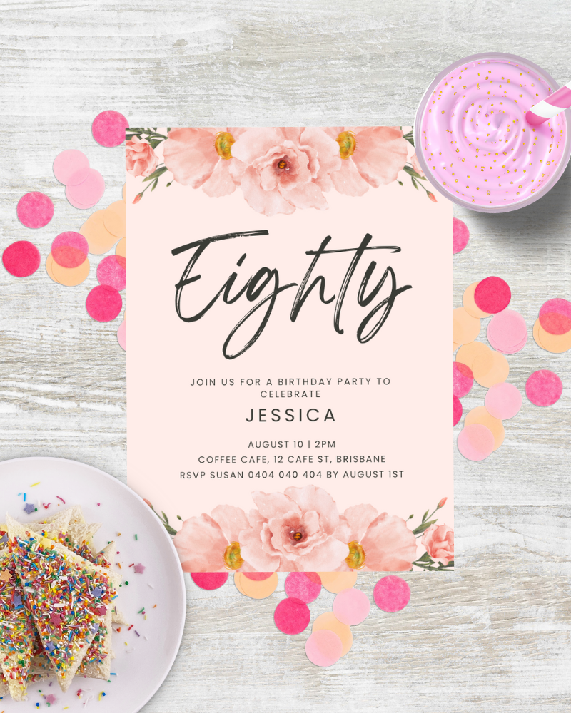 A festive birthday invitation with floral accents, colorful confetti, and a slice of cake on a wooden table.