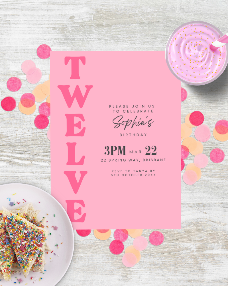 Birthday invitation featuring "TWELVE" in bold pink, colorful confetti, and a plate of sprinkles-covered treats.