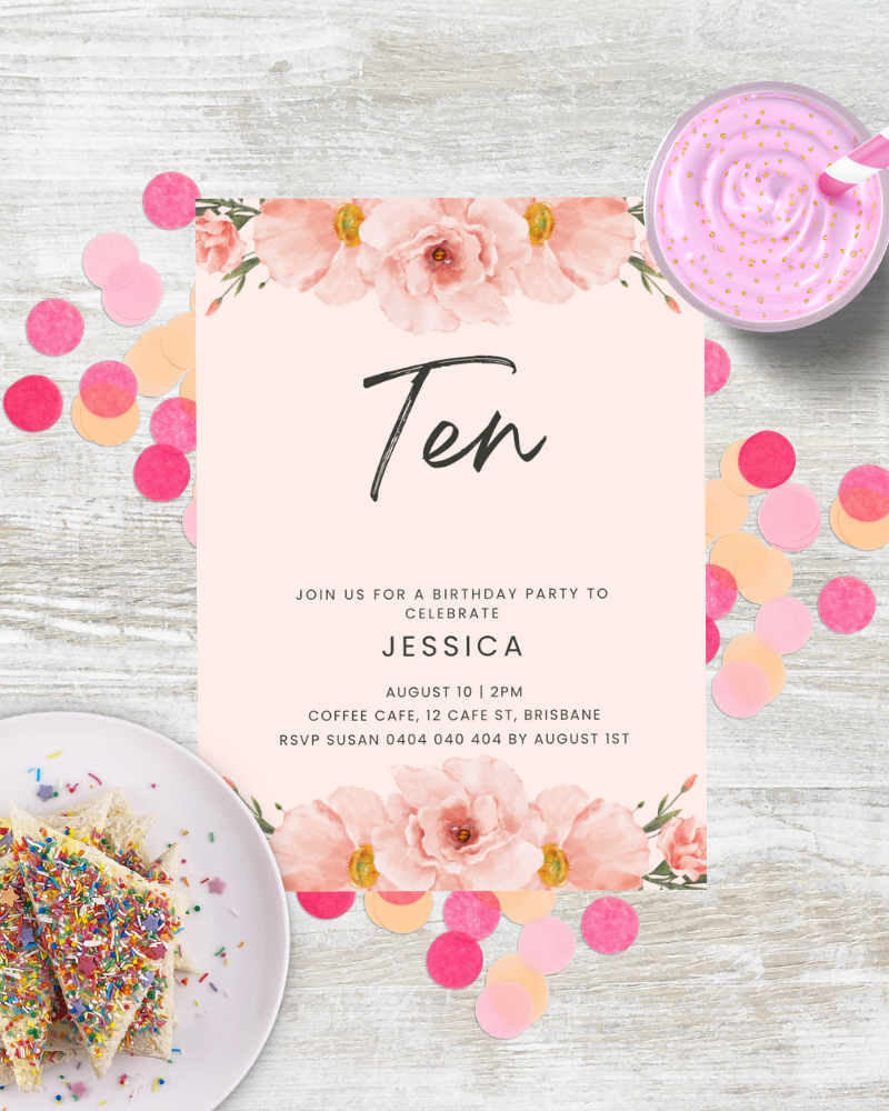 Birthday invitation featuring pastel flowers, colorful confetti, and a sweet treat on a wooden surface.