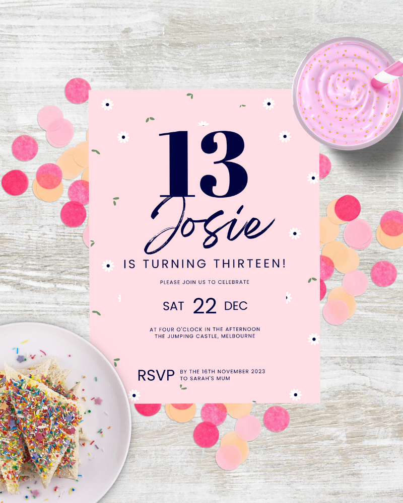 A festive birthday invitation with colorful confetti and a sweet treat, celebrating Josie's 13th birthday.