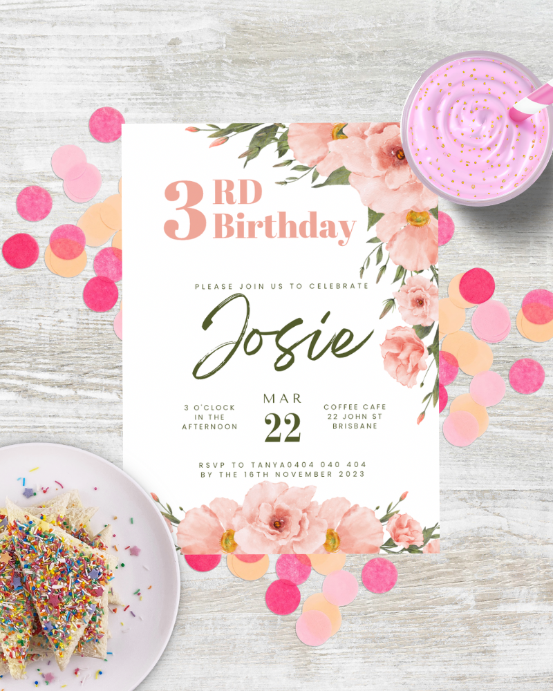 A festive birthday invitation featuring floral accents, colorful confetti, and a delicious slice of cake.