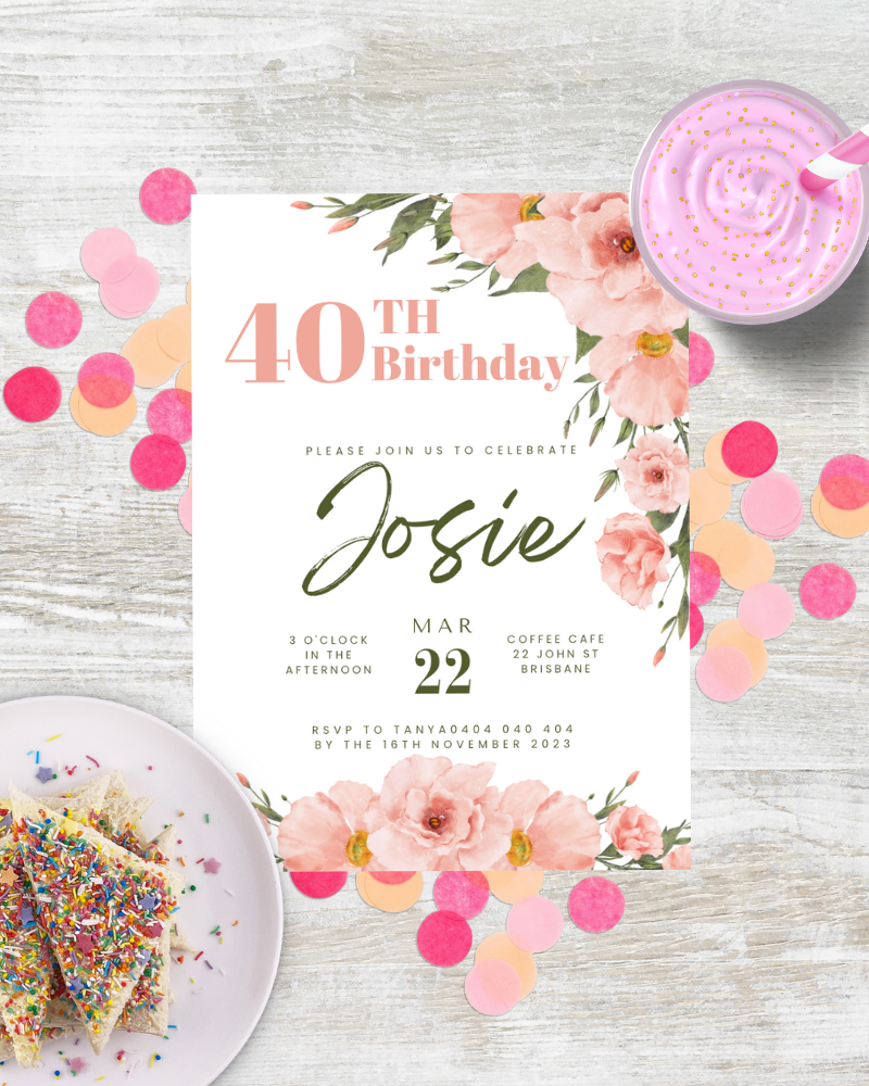 A vibrant birthday invitation featuring floral accents, colorful confetti, and a celebratory dessert.