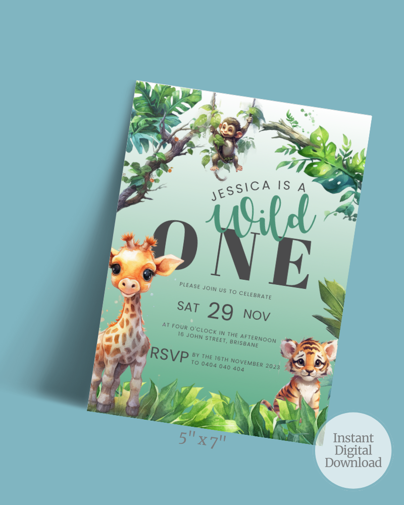 Colorful invitation featuring a giraffe, tiger cub, and monkey among lush greenery, celebrating a birthday.