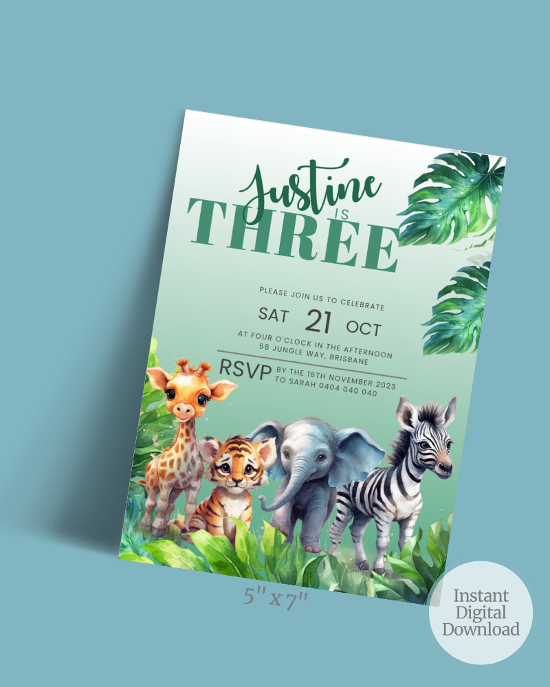 Colorful invitation featuring a giraffe, lion cub, elephant, and zebra surrounded by tropical leaves, celebrating a birthday.