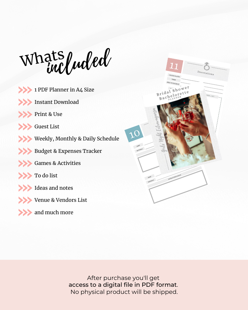 A digital planner featuring sections for guest lists, budgets, schedules, and activities for bridal showers or bachelorette p