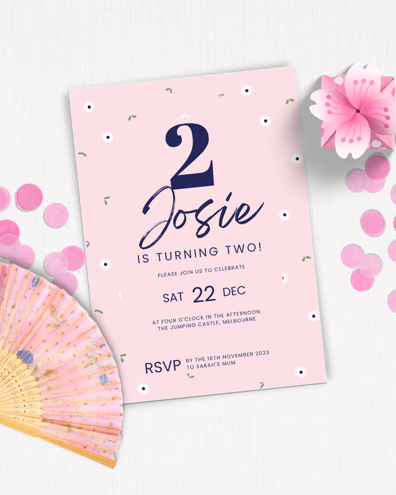A pink invitation featuring floral accents, announcing a second birthday celebration for Josie on December 22.