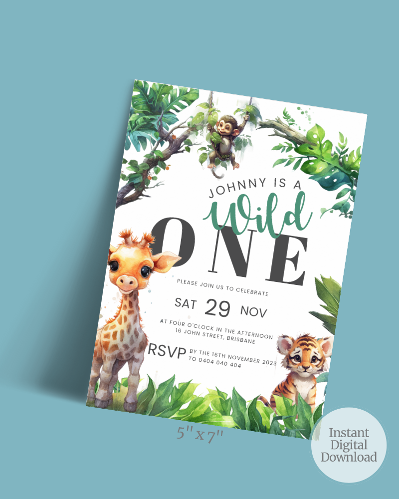 Colorful invitation featuring a giraffe, tiger, and monkey amidst lush greenery for a celebration.