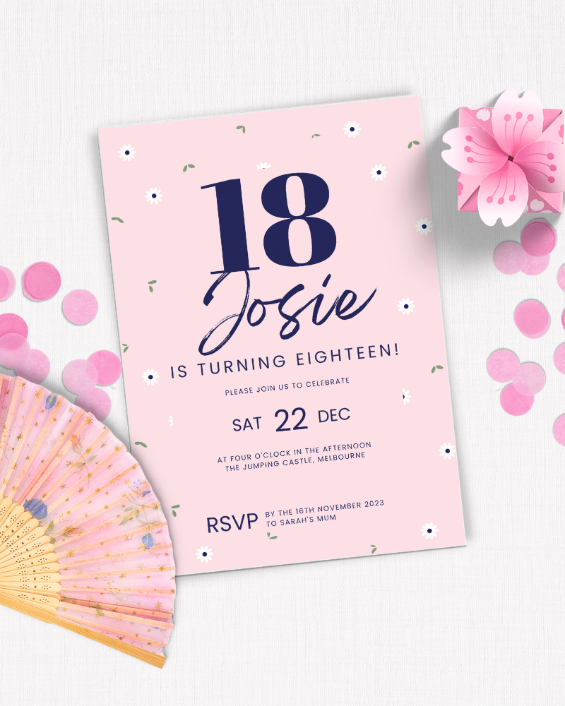 A pink invitation for an 18th birthday, decorated with flowers, confetti, and a folding fan.