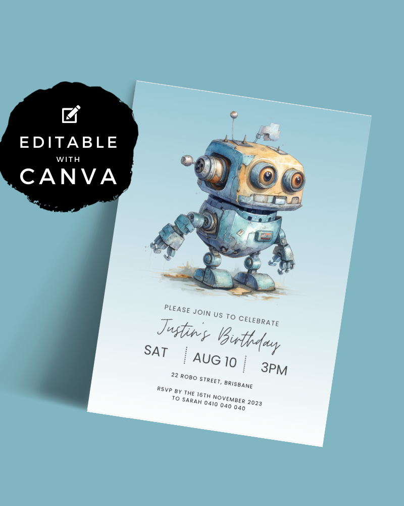 Birthday invitation featuring a whimsical robot character on a light blue background with editable text.
