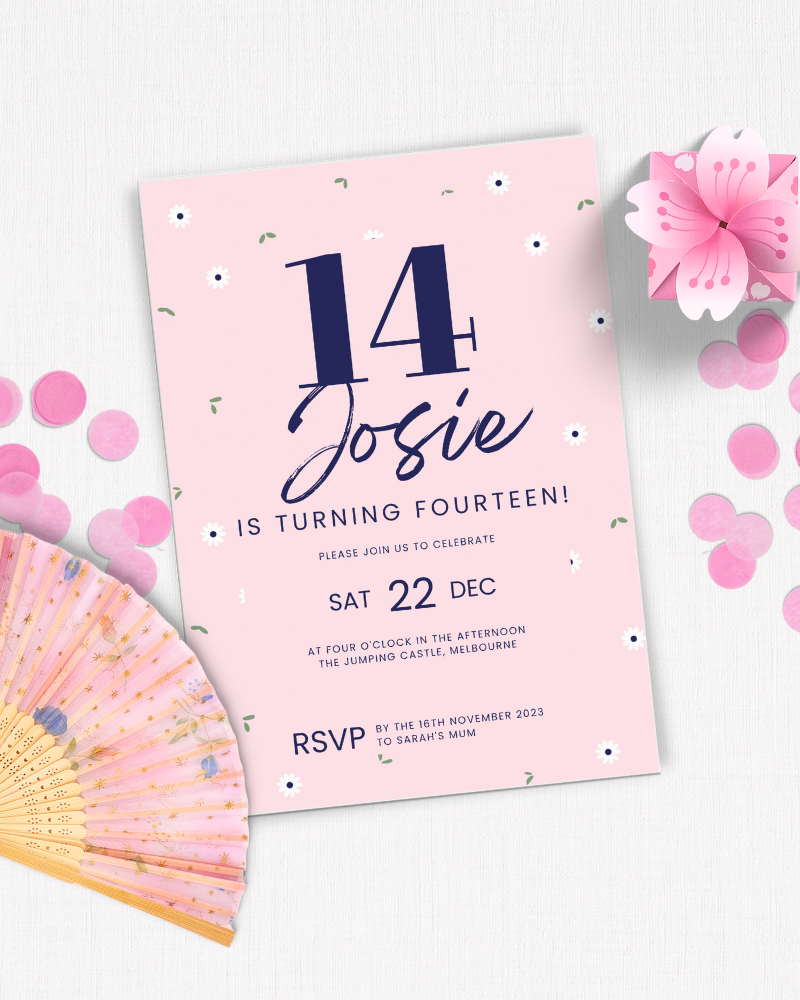 A vibrant invitation with floral accents, announcing Josie's 14th birthday celebration on December 22nd.