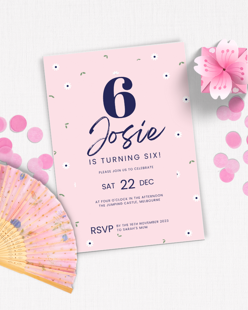 Invitation featuring a large "6," floral accents, and a pink background, surrounded by confetti and a decorative fan.