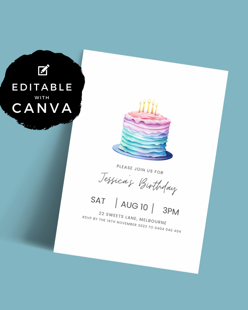 Colorful layered cake with candles, invitation details for Jessica's birthday celebration on August 10.