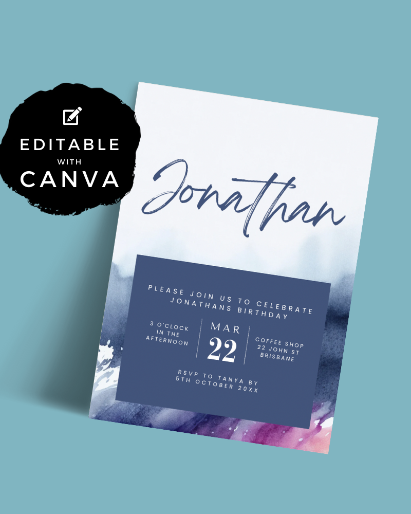 A birthday invitation featuring elegant script, watercolor accents, and essential event details on a soft blue background.