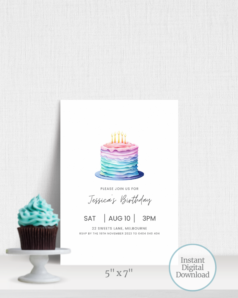 A colorful birthday invitation featuring a layered cake with candles and a cupcake topped with blue frosting.