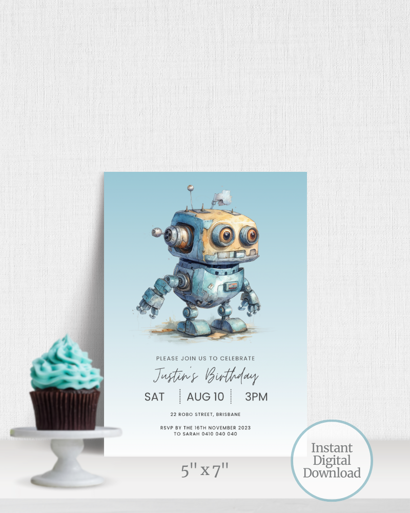A whimsical robot character with large eyes stands against a soft blue background, accompanied by a cupcake.