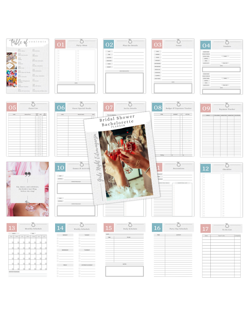 A collection of planning pages featuring a bachelorette party theme with vibrant colors and a celebratory photo.