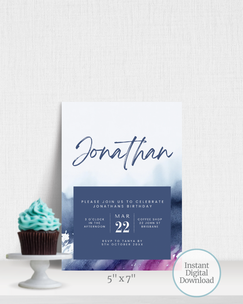 Birthday invitation featuring elegant script and watercolor details, alongside a cupcake with teal frosting.