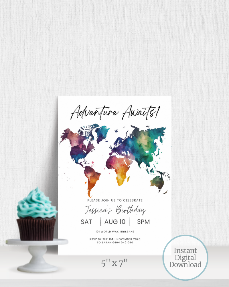 Adventure Awaits World Map Party Invite Digital Download ALW88 A