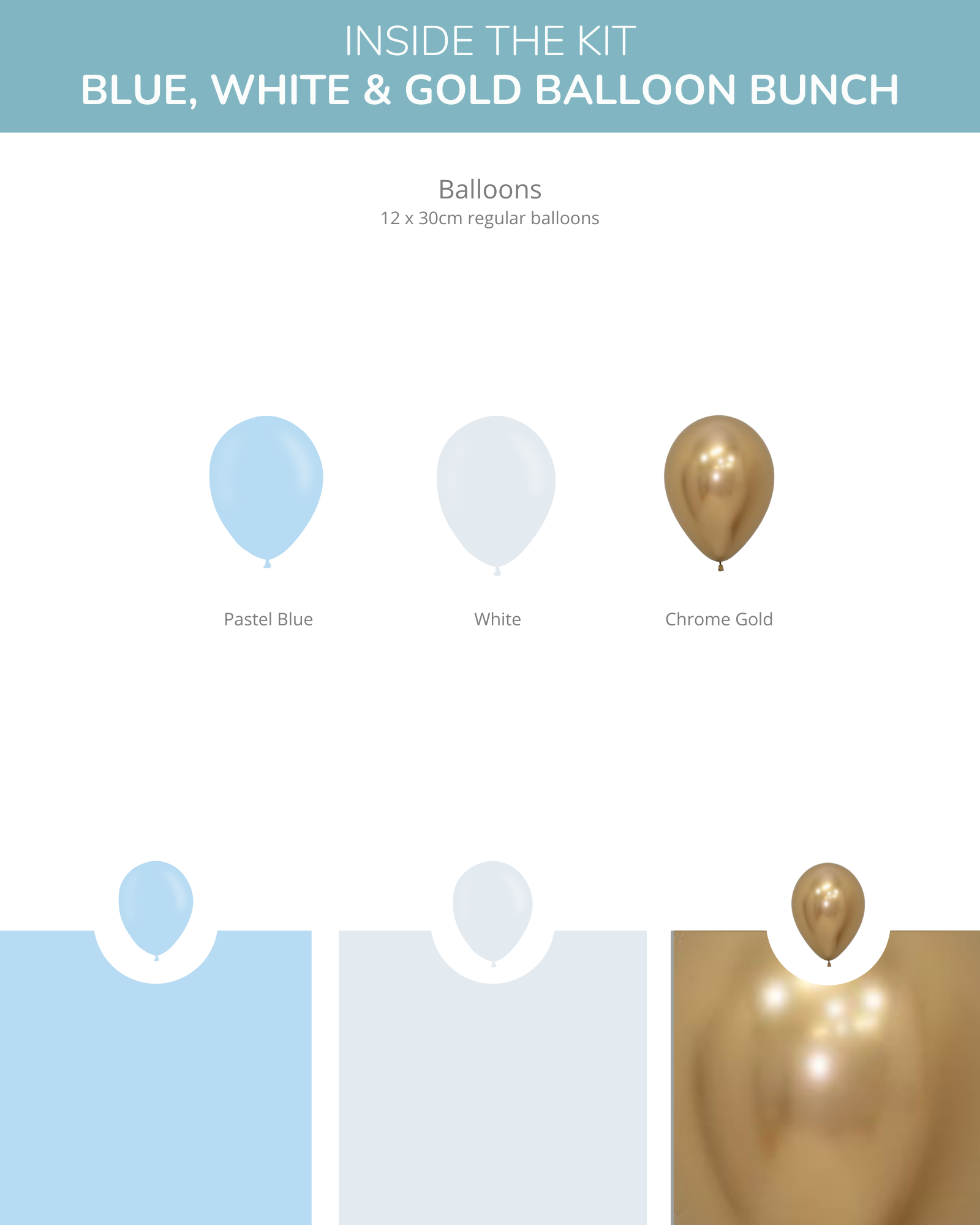 A collection of pastel blue, white, and chrome gold balloons arranged together, showcasing their vibrant colors and shine.