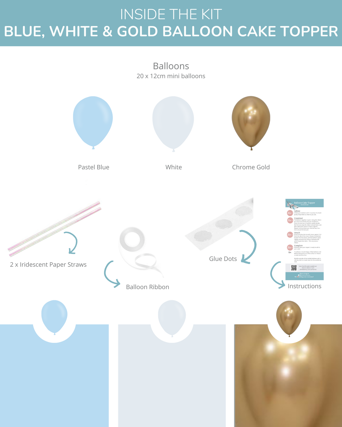 A set of mini balloons in pastel blue, white, and chrome gold, with paper straws and glue dots for decoration.