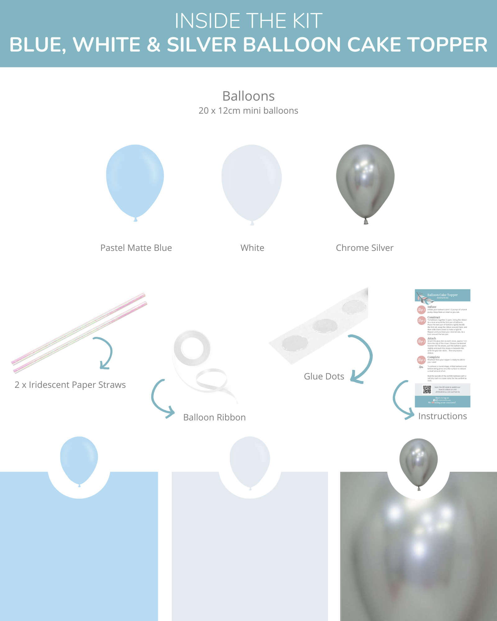 A set of pastel blue, white, and chrome silver mini balloons with iridescent straws and ribbon for decoration.