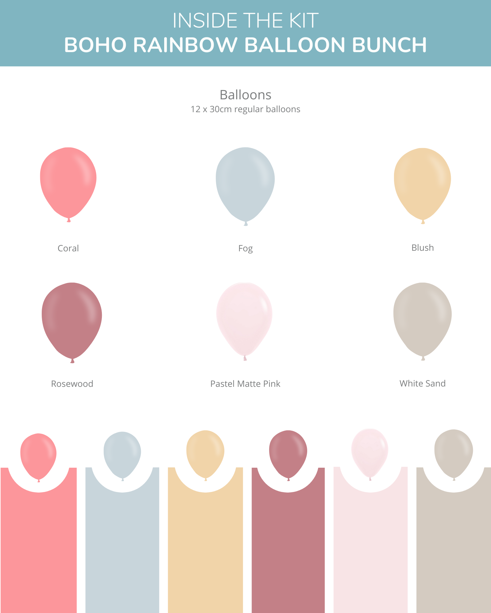 A collection of soft pastel balloons in various shades, arranged neatly with color labels below each one.