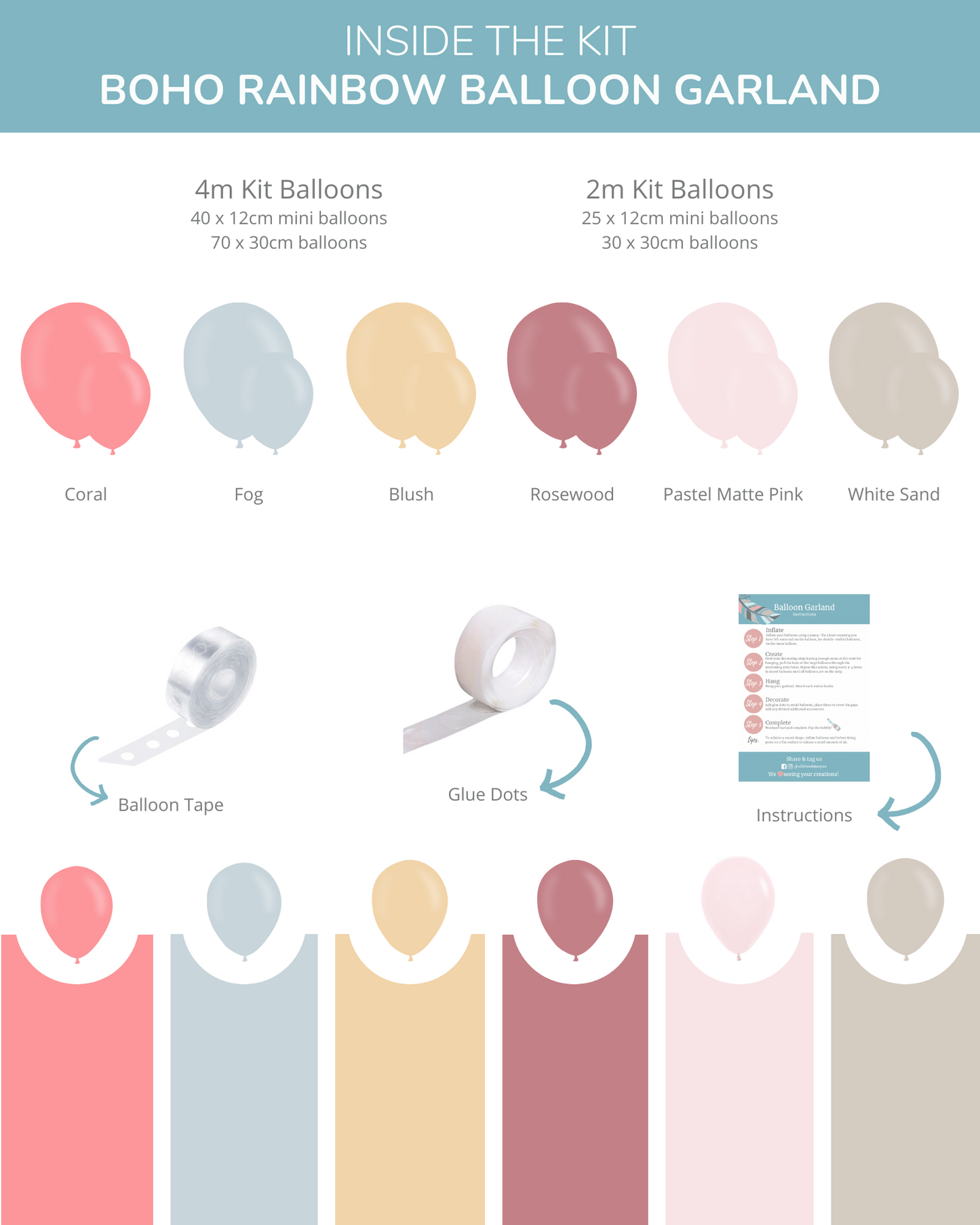 A colorful assortment of pastel balloons in various shapes, accompanied by balloon tape, glue dots, and instructions.