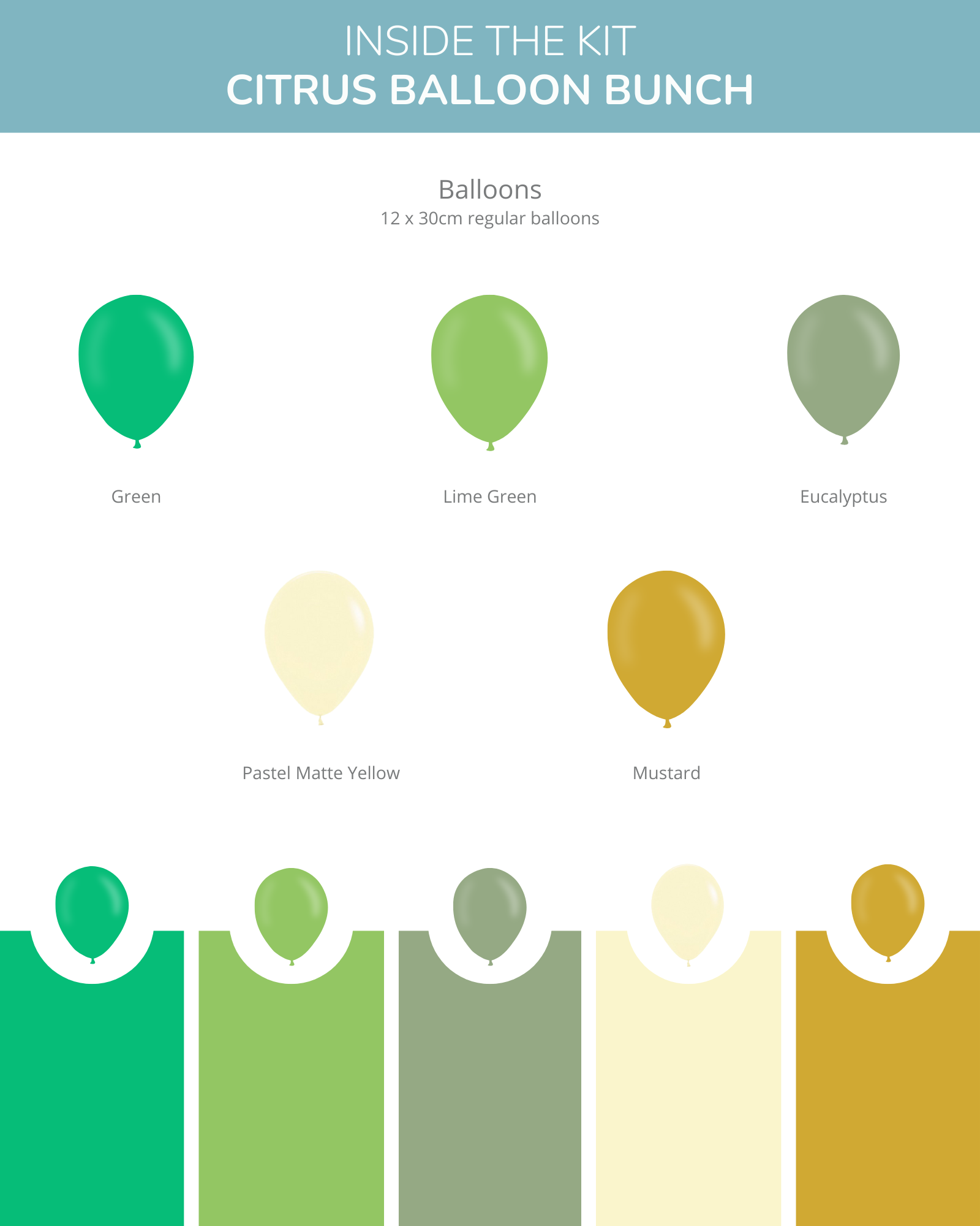 A colorful assortment of balloons in shades of green, yellow, and eucalyptus, arranged with matching backgrounds.