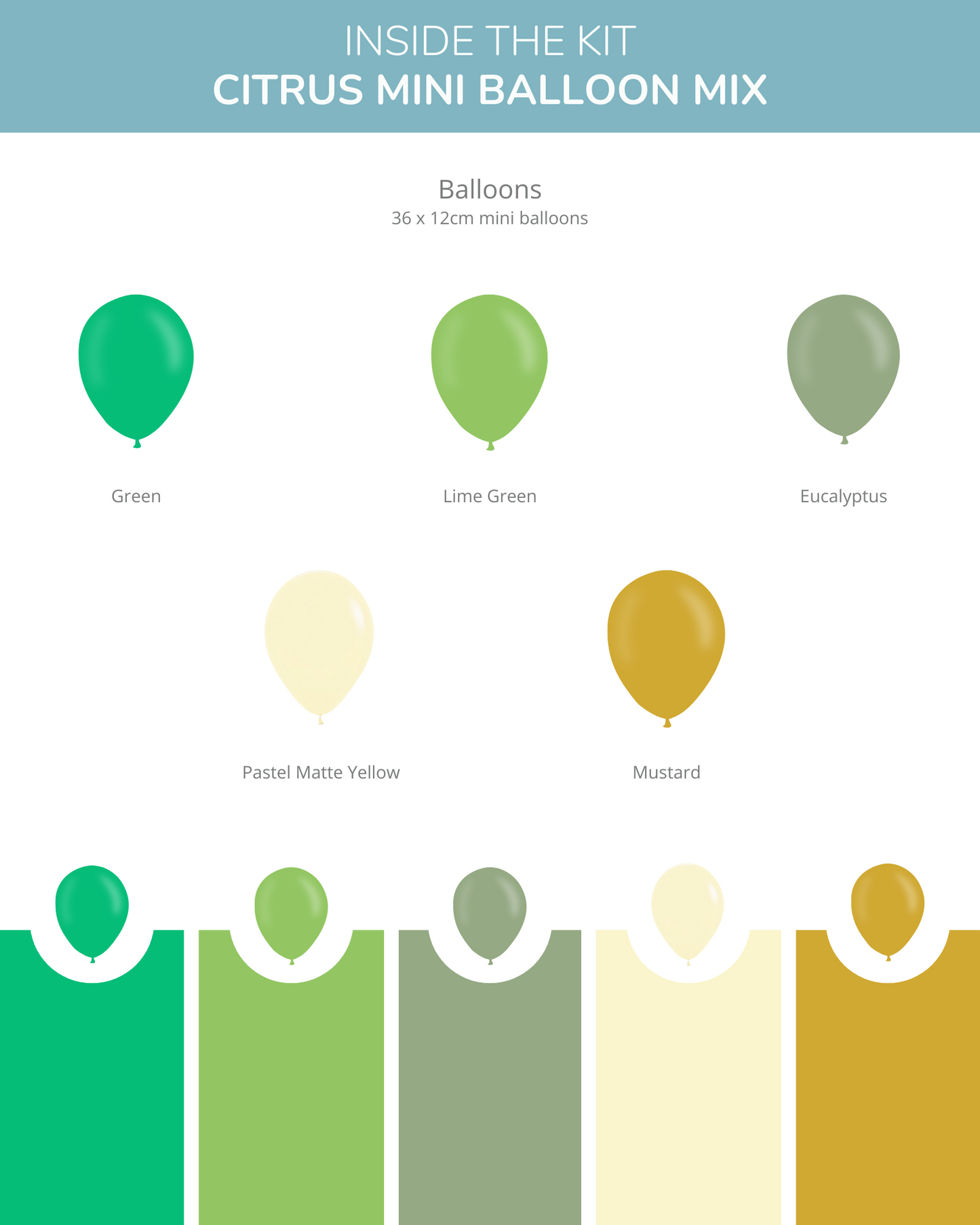 Colorful mini balloons in green, lime green, eucalyptus, pastel yellow, and mustard arranged in a playful layout.